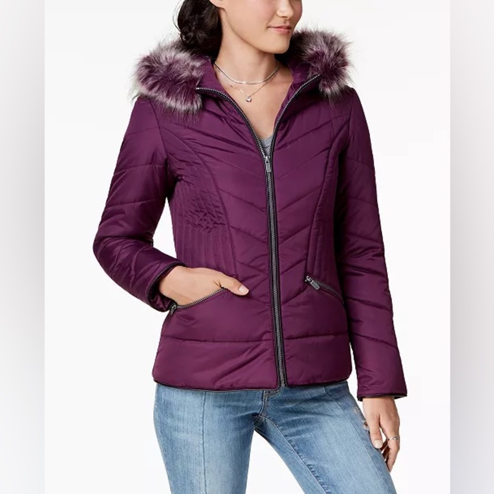 Pink Envelope Purple Quilted Jacket with Faux Fur Trim